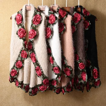 Zimske ženske moher pletene obloge cargidans gospe brez rokavov vezenje rose puloverji ženske kvačkanje cvet swing puloverji