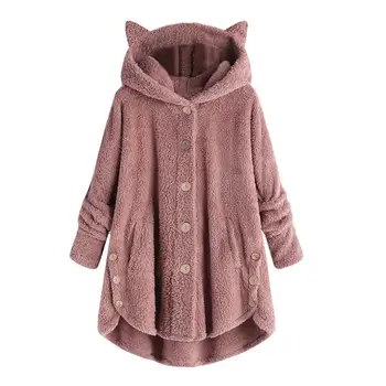 Zimski Plašči Hooded Runo Toplo Oblazinjeni Suknjič Plus Velikost Barva Ženske Zimski Flis Mačka Ušesa Hooded Suknjič Gumbi Suknjič 2020