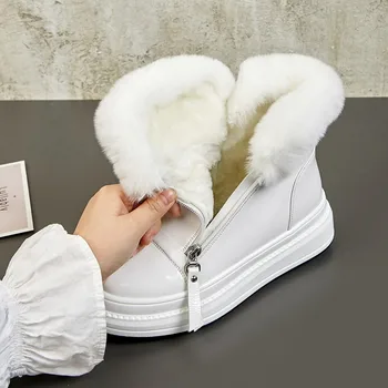 Zimski škornji ženske toplo, sneg škorenj obutev zajec krzno glavo gleženj škornji 2020 trend lakasto usnje ravno platformo škorenjčki bela