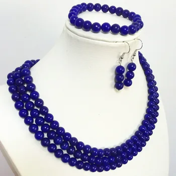 Čare modra lapis lazuli 8 mm krog kroglice elegantno 3 vrstic moda ogrlico, zapestnico, uhane najboljše darilo nakit set 17-19 palca B1516