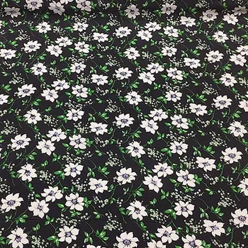 Čista svila Krep DE chine tkanine Bela cvetlični in zeleno listov na črni podlagi,SCDC766