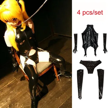 Črna 4pcs/set Plus Velikost XXL Cosplay Anime Devica Kostum Wetlook PVC Catsuit Porno Perilo Telo Seksi, Vroče Erotično Bodysuit Teddies