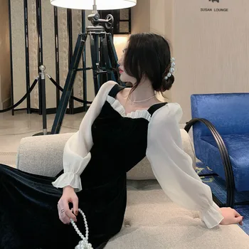 Črna Vintage Obleko Ženske Kvadratnih Ovratnik, Dolgi Rokavi Večer Stranka Retro Gothic Obleko Ženski Enega Kosa Obleko Korejski 2020 Jeseni