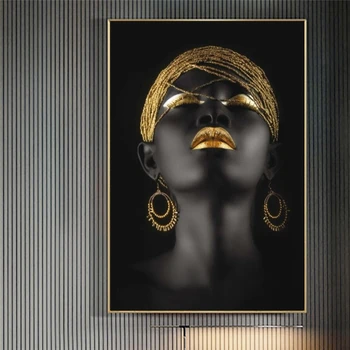 Črni Afriški Ženska Oljnih Slik na Platnu Zlati Ličila Portret Plakatov in Fotografij Skandinavskih Stenske Slike Doma Dekoracijo