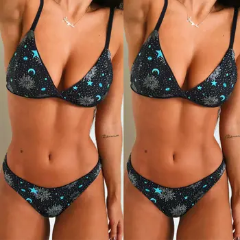Ženske Bikini 2pc Nastavite Povoj Push-Up Monokini Bikini Komplet Star-Moon Tiskanja Seksi Oblazinjeni Kopalke, Kopalke, Kopalne Brazilski Mujer
