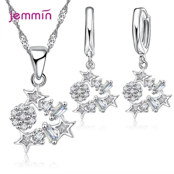 Ženske Geometrijske Kristali Kubični Cirkon Poroka Poročni Nakit Sklopov 925 Sterling Silver Star Obesek Ogrlice Hoop Uhani Set