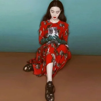 Ženske Jeseni Slim High Street vzletno-pristajalne Steze Plus Velikost 3XL 8XL ALine Mozaik Zadrgo Priložnostne 3D Tiskanih Mačke RDEČE Dolgo Obleko