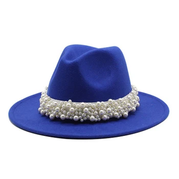 ženske kape pozimi široko roba pasu pasu pearl luksuzne blagovne znamke jazz kape formalno cerkev zimske ženske klobuki belo roza fedora ufilcala klobuki