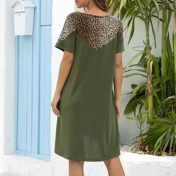 Ženske Leopard Tiskanja Obleko Preplete Svoboden,-Line Kratek Rokav O-Vratu Mini Obleka z Žepi za Priložnostne Poletje Počitnice Shift Obleko