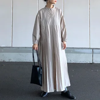 Ženske Nabrano Obleko Pomlad Jesen Dolg Rokav Navaden Gleženj-Dolžina Svoboden Oversize Korejski Japonska Priložnostne Minimalističen Dolge Obleke Maxi