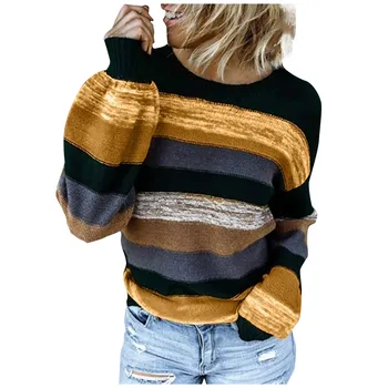 Ženske pletenje pulover z dolgimi rokavi Svoboden Barvni Kontrast Udoben Pulover Vrhovi ženski Priložnostne pulover Ženske zimske puloverje