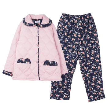 Ženske polno bombaž tri-plast pižame plus velikost 3XL prešite pižamo pozimi zgostitev majhen cvet priložnostne trenirko peignoir doma