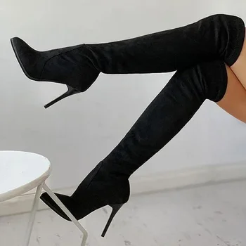 Ženske Čevlje Nov Prihod Faux Antilop Usnja Tankih Visokih Petah Moda Dolgo Škornji Ženski Seksi Pozimi Škornji Botas De Mujer HD156