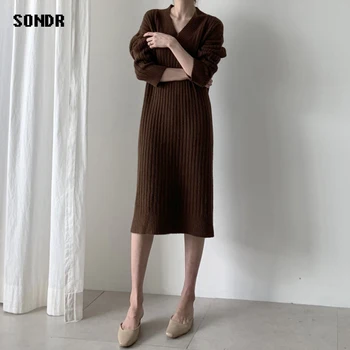 Ženski Pulover Obleke iz Enega Kosa korejski Naravnost Proti-Vrat Obleke 2020 Jeseni, Pozimi Mid-Dolžina Obleko Znanja Pleteni Pulover Obleko