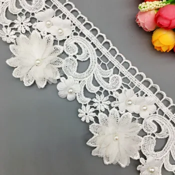 12x Letnik 3D Beli Cvet, Pearl Čipke Trim francoski Tkanine Traku Vezene Šivanje Plovila Za Poročno Obleko Dekoracijo