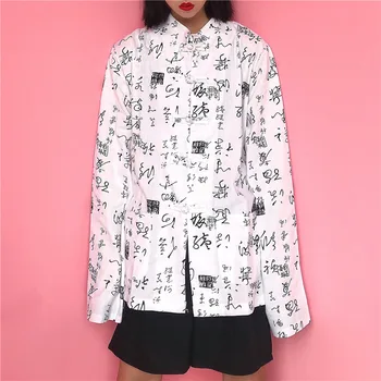 2018 Nove Ženske Gotike Letnik Kitajski Natisnjene Besede Dolg Rokav Kitajske Tang Opremljena Priložnostne Majice Harjuku Bluzo Plus Velikost Femme