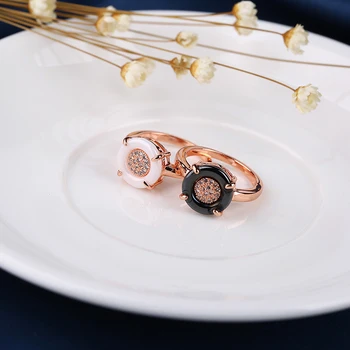 2019 585 Rose Zlata prstana 4 Vile Krog Kristalno 3 mm Širina Črno Bele Keramične Obroči za Ženske, Darilo, Poročni Nakit Trgovini
