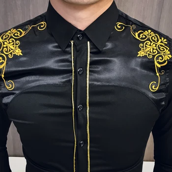 2019 Pomlad Moda Korejski Vezene Slim Fit Long Sleeve Majica Moški Kemeja Pria Pomlad Socialni Klub Maturantski Majica Camisa Masculina