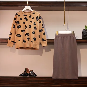2019 Pozimi Pletene 2 Kos Krilo Obleke, Ženske Leopard Pulover + Naravnost Midi Krilo Obleke, Casual Korejski Modni 2 Kos Set Obleko