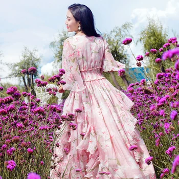 2019 Čisto Nove Ženske Modni Cvetlični Obleko Proti-vrat Laceup Flare Rokav Šifon Obleko Maxi Bohemian Dolgo Obleko Vestidos De Fiesta