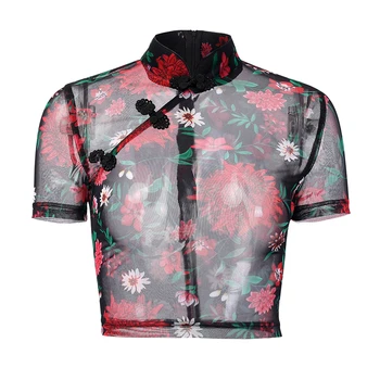 2019 Ženske Retro Bluzo Kitajski Vozel Gumb Odklon Očesa, Kratek Rokav Posadke Vratu Bluzo vidi skozi Rastlinske Cvetlični Top Majice