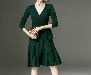 2020 Jeseni, Pozimi podkrepljena Seksi Proti-vrat Dolgo sleeved Čipke Mid-dolžina Pletene Elegantno Vitek Naguban Stranka Obleko ženska Oblačila