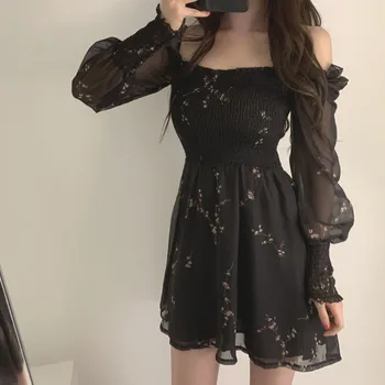 2020 Jeseni Ženska Seksi Črno Obleko Letnik Cvet Dolgo Puff Rokav Šifon Obleke Korejski Priložnostne Mini Vestidos Mujer Oblačila