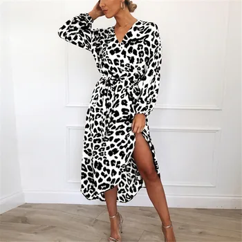 2020 Leopard Stranka Obleko Obleko Polno Svoboden Dolgimi Rokavi, Globok V-izrez A-line Seksi Šifon Long Beach Ženske Priložnostne Poletje Naravnih