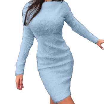 2020 Najnovejši Jeseni Ženske obleke Plus Velikost 3XL Barva Long Sleeve Jopica Puhasto Kee-dolžina Bodycon Obleko Topla Oblačila