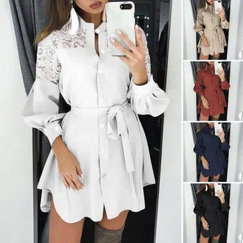 2020 Nove Jesensko Žensk Mini Obleka Visoko Pasu Priložnostne Beloprsi Singl Čipke Mozaik Obleke Naguban Long Sleeve Solid Dolgo Obleko