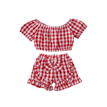 2020 Poletje Malčka Otroci Baby Dekle Oblačila, ki Rdeča Kariran Off Ramenski Kratek Rokav Vrhovi Ruffle Lok Hlače Oblačila Obleko 2PCS