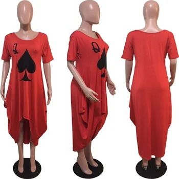 2020 Poletje Ženske Obleka za Vroče Slog Model Solid-barva Poker Lopate Q Tisk Svoboden Asimetrični Obleke Afircan Cothing Vestidos