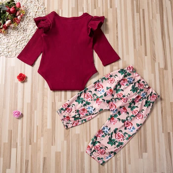 2020 Pomlad Jesen oblačila 2PCS Baby Dekle Romper Ruffles Long Sleeve majica Vrhovi Cvet, Hlače, Obleke Set Oblačila tekaška Trenirka