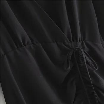 2020 Za Črno Draped Mini Obleka Ženske Modni Prilagodi Vrvico Robom Vintage Obleke Ženska Dolgo Sleee Režejo Hlačnice Priložnostne Vestidos