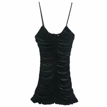 2020 Za Žamet Ruched Mini Obleka Ženske Proti-vrat Špageti Trak Backless Stranke Obleke Ženska Nazaj Zip Flounce Robom Seksi Črno Obleko