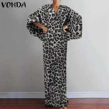 2021 Vintage Obleke, Casual Dolg Rokav Obleka Leopard Tiskanja Obleko Žensk Jeseni Sundress VONDA Ženski Bohemian Proti-Vrat Maxi Robe