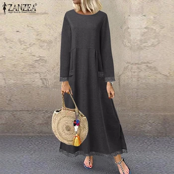 2021 ZANZEA Moda za Ženske Čipke Mozaik Sweatshirts Obleko Jeseni Sundress Ženski Flis Maxi Vestidos Puloverju Plus Velikost 5XL