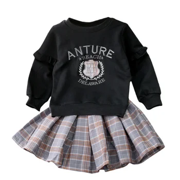2pcs Baby Girl Obleke z Dolgimi Rokavi Pismo Vzorec Bombaž Majica Bluzo Mini Kariran Krila Priložnostne Obleke Nastavite Jeseni