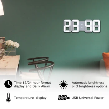 3D LED Stenska Ura Velik Digitalni Stenska Ura Elektronskih Veliko Število Sodobnih Tabela Desk Alarm Watch Osvetlitve Temperatura Ure
