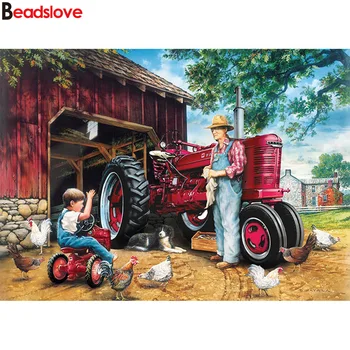 5 d DIY Diamond Slikarstvo traktorja kmetije moških in sin Diamond mozaik, Poln Vaja Kvadratnih 3 d Slika Nosorogovo Vezenje,