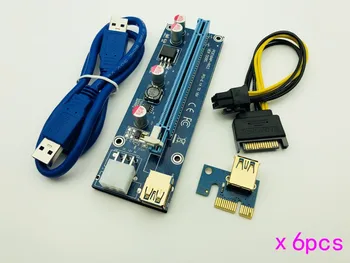 6pcs 009S Riser 3 LED Zlati USB 3.0 PCI Express 1X 4x 8x 16x Riser Card SATA da 6pin Napajalni Kabel za BTC Rudar Antminer Rudarstvo