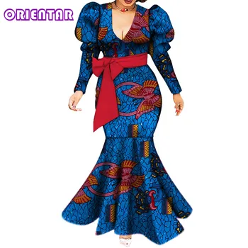 Afriška Oblačila Ženske Seksi Proti-vrat Puff Rokav Afriške Obleko Dolgo Stranka Obleko Afriške Tiskanja Bombaž Obleko Maxi Plus Velikost WY5494