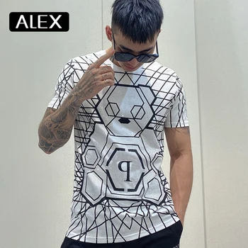 Alex Plein majica s kratkimi rokavi moški medvedek okrasnih beli bombaž tshirt za moške oblačila krog vratu kratek rokav ulične vzročno nova
