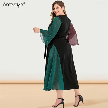 Amtivaya Plus Velikost Ženske Obleke, Modni, Svetleči Glej Skozi Zadeli Barvni Mozaik Midi Obleko Swing V Vratu Dolg Rokav Spomladi Leta 2020