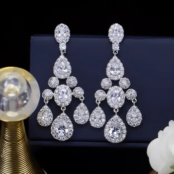 ANGELCZ Moda Tassel Design Polno Mikro Tlakovane CZ Diamante Luksuzni Poročne Dolgi Uhani Visijo Za Poroko Kostum Nakit AE098