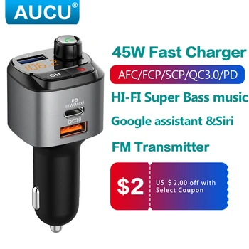 AUCU FM Oddajnik za Avto Hitro Polnilnik QC3.0 PD avtomobilski polnilnik usb mp3 predvajalnik Bas Soud Bluetooth 5.0 Prostoročnega kompleta