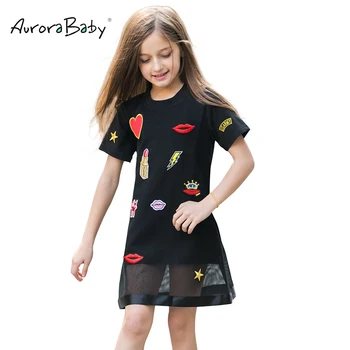AuroraBaby Dekleta Obleke Črne Lepe Vezenine Aplicirano Obleka Za Poletje Jesen Otroke, otroška Oblačila, velikost 6-16T Stranka