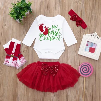 Baby Božič Oblačila Newborn Baby Dekleta z Dolgimi Rokavi Božič Romper+Lok krilo+Noge Toplejše+Trakovi Nastavite Obleke Ropa Navidad