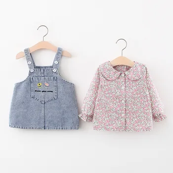 Baby Dekleta Jeseni Sladko Vezeni Cvetlični Dolgi Rokav Bluzo + Denim Suspender Obleko 2pcs bo Ustrezala Princesa Obleko otroci