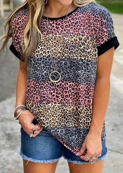 Barva Leopard T-shirt Striped Moda Vrhovi Tee Majice Ženske Obleke 2020 Poletje Kratek Rokav Vrh Priložnostne O-vratu, Ohlapno Tees